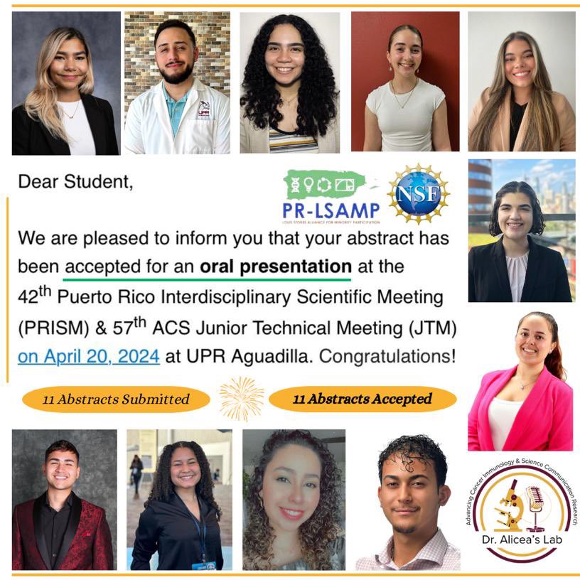 We are proud to share that our Lab had 11 abstracts submitted to present at the 42nd Puerto Rico Interdisciplinary Scientific Meeting (PRISM) & 57th ACS Junior Technical Meeting accepted! 1/2 

@UPR_Oficial @UPRHComunica @prlsamp