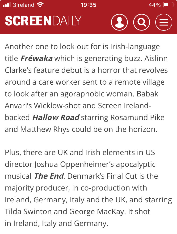 Great to see Fréwaka featured in ⁦@Screendaily⁩ as a favourite for selection at ⁦@Festival_Cannes⁩!! Fréwaka is funded by ⁦@ScreenIreland⁩ ⁦@TG4TV⁩ ⁦@CNaM_ie⁩ and distributed by ⁦@WildCardDistrib⁩ and New Europe Film Sales. #IrishFilm