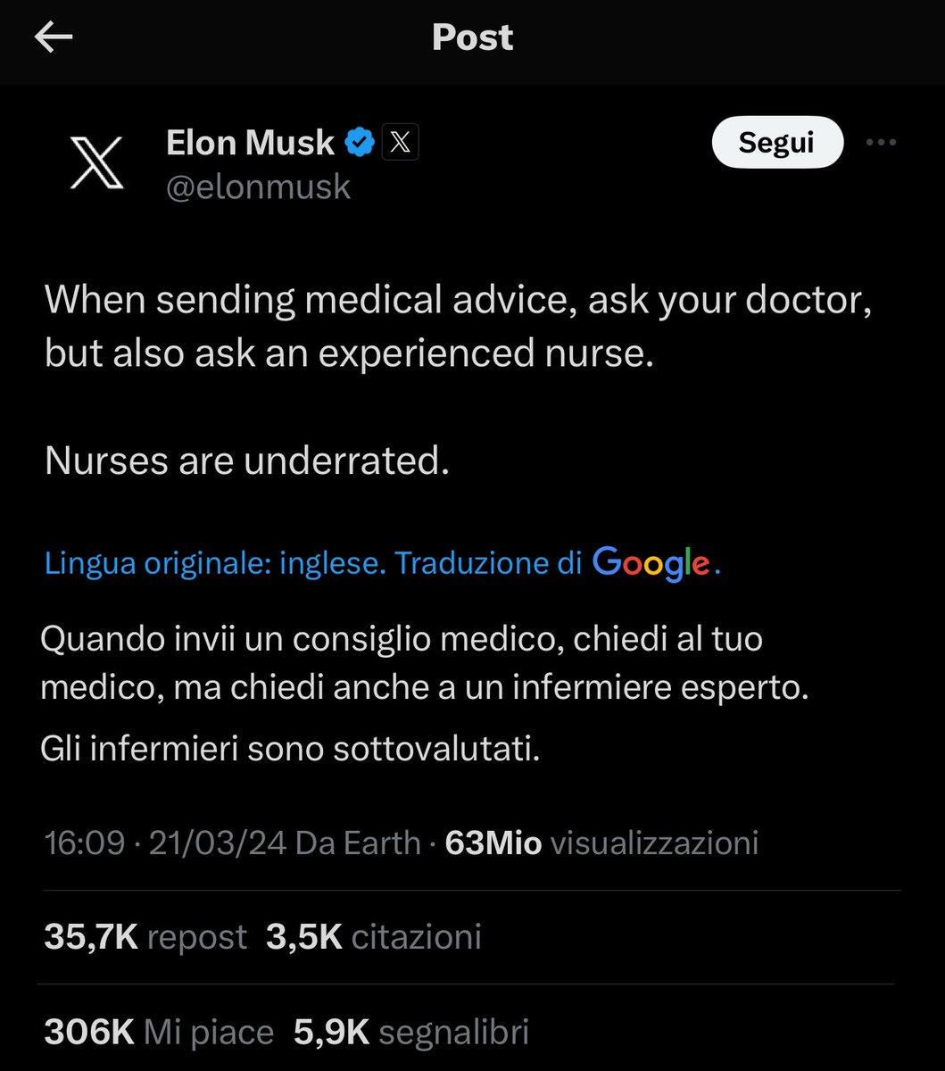 Dal profilo personale di @elonmusk una frase di grande impatto sugli #infermieri.