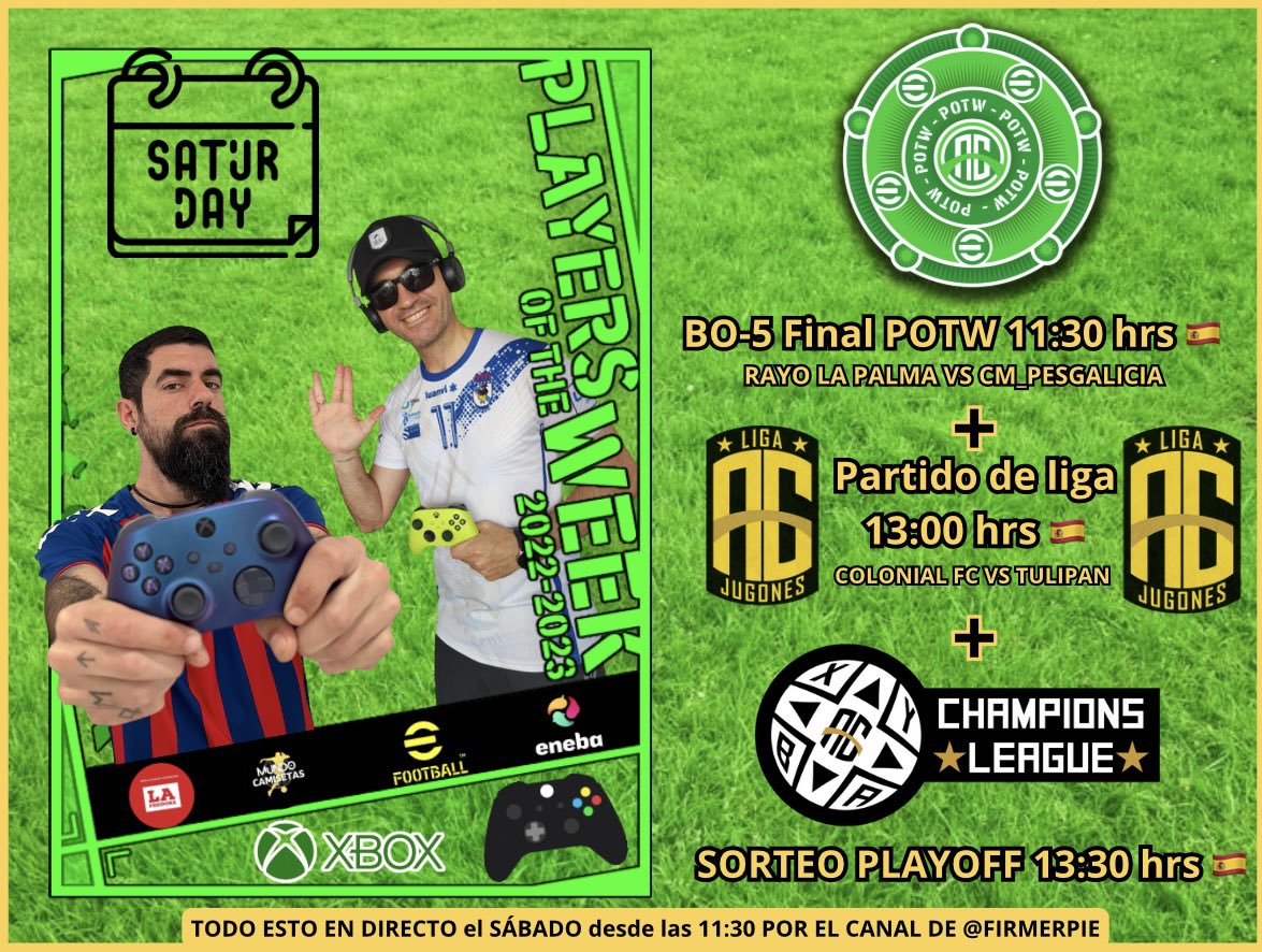 Esto es mañana, desde las 11:30 hrs 🇪🇸 final de la COPA AG POTW ❇️🔥

Luego a las 13:00 hrs el Colonial FC vs Tulipán FC y cerramos transmisión con el sorteo de playoff de la AG CHAMPIONS LEAGUE! 🏆

En vivo por : twitch.tv/firmerpie