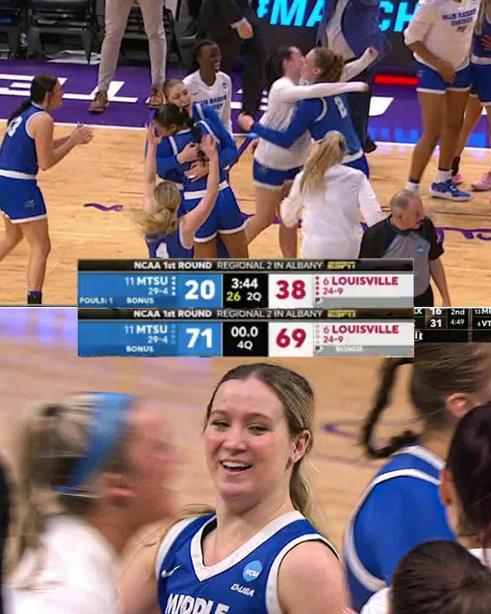 11-SEED MIDDLE TENNESSEE STATE COMES BACK FROM 18 DOWN TO DEFEAT LOUISVILLE 😤 

It's tied for the third-largest comeback in women's NCAA tourney history.