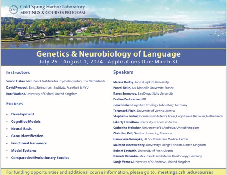 Just over one week left to apply for the <a href="/cshlmeetings/">CSHL Meetings</a> Genetics &amp; Neurobiology of Language course meetings.cshl.edu/courses.aspx?c…