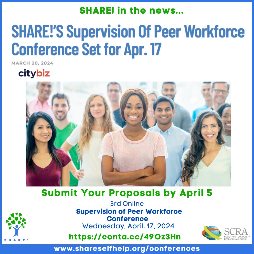 Proposals are invited for the 3rd online Supervision of Peer Workforce Conference on Wed, April 17!
➡️ ow.ly/IfKI50QZf1U

#peerworkforce #peerworkforceconference #peerworkers #peersupportspecialist #PeerSupport #peersupporters  #PeerCertification #PeerServices #Peersupport