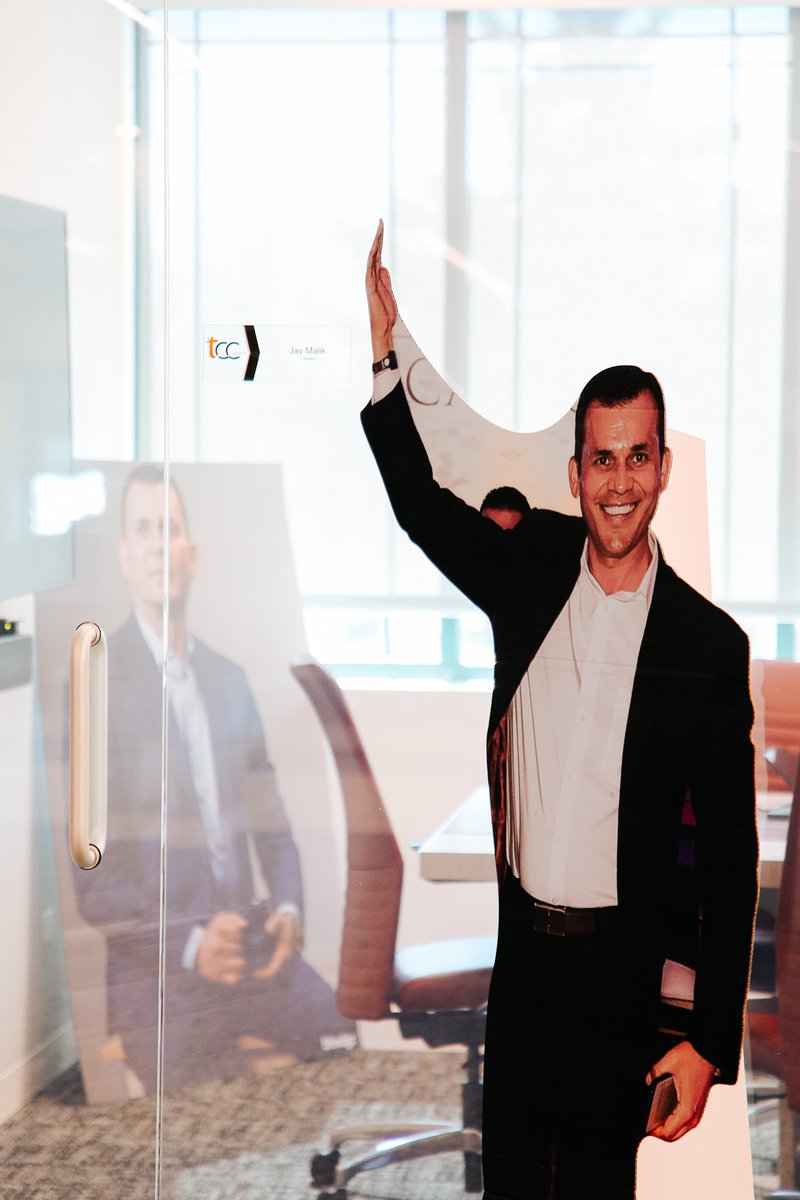 3 things about TCC's Corporate Office that just makes sense: 🤌🏼 ~Bells on every desk ~Cut outs of our CEO, Jay Malik ~Waterfall