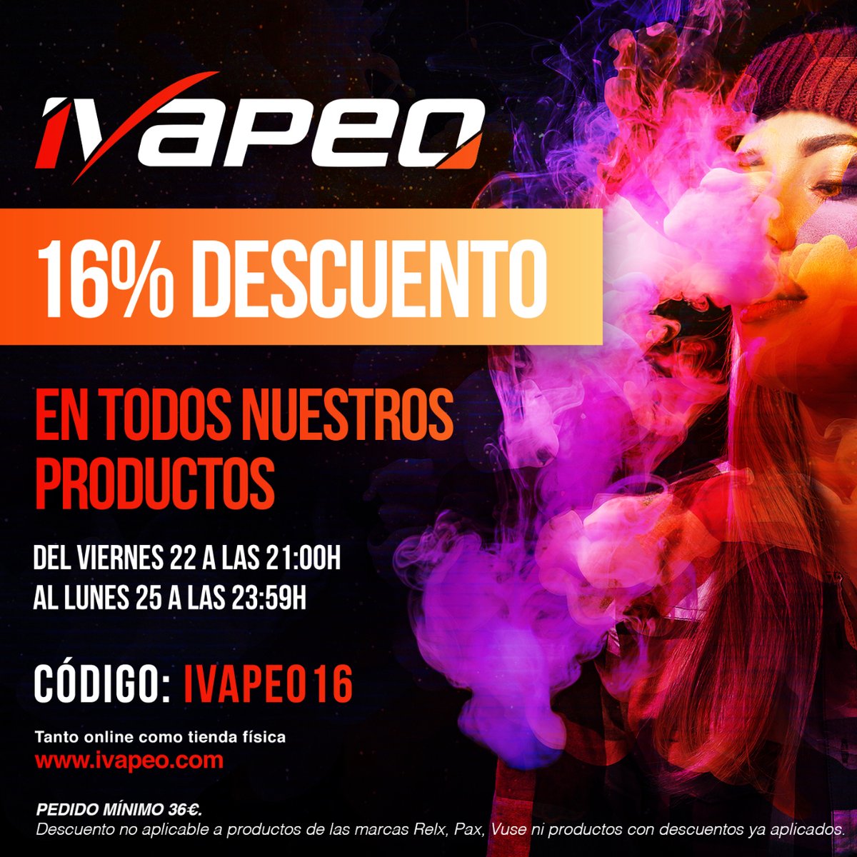 ¡Hey vapers!

DESDE YA podéis disfrutar del 16% de DESCUENTO en iVapeo💨💨

Aprovecha para hacer tus compras hasta el lunes 25 a las 23:59h🛍️🛍️

#viral #ivapeo #barcelona #vape #vapelife #bcn #vaper #vapeo