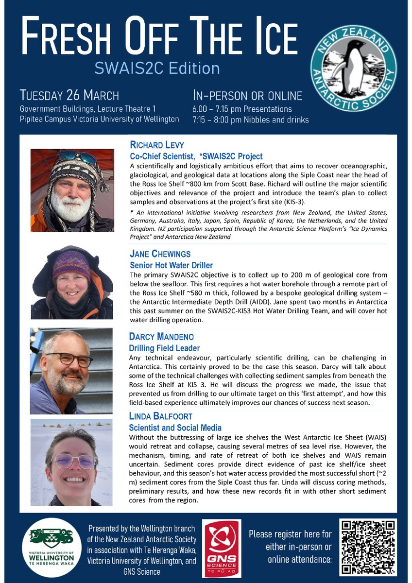 gnsscience's tweet image. Hear first-hand from @Pseudorutilaria and others from the @SWAIS2C team about their work to uncover vital climate secrets on Antarctica’s Siple Coast last summer, at this @nzantarcticsoc event next Tues.
RSVP here 👉 i.mtr.cool/fxdxcfijse