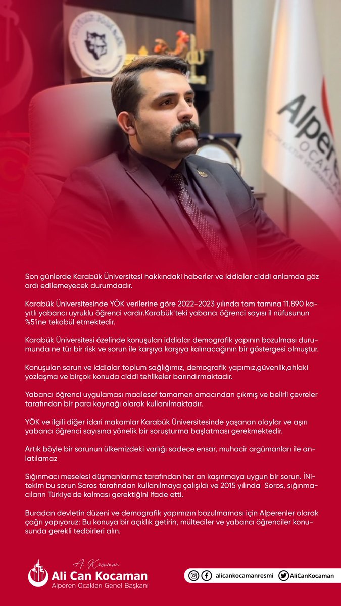 Son günlerde Karabük Üniversitesi hakkındaki haberler ve iddialar ciddi anlamda göz ardı edilemeyecek durumdadır. 

Karabük Üniversitesinde YÖK verilerine göre 2022-2023 yılında tam tamına 11.890 kayıtlı yabancı uyruklu öğrenci vardır.Karabük'teki yabancı öğrenci sayısı il