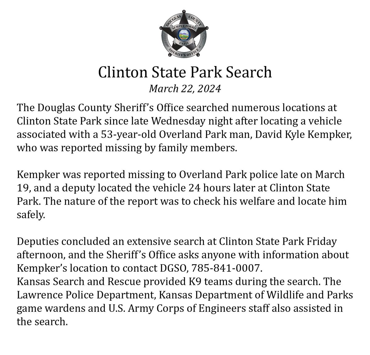 DGSOSheriff's tweet photo. Information about a recent search at Clinton State Park. Anyone with information about the location of David Kyle Kempker, 53, Overland Park, is asked to contact DGSO, 785-841-0007. https://t.co/3K0qODFxew