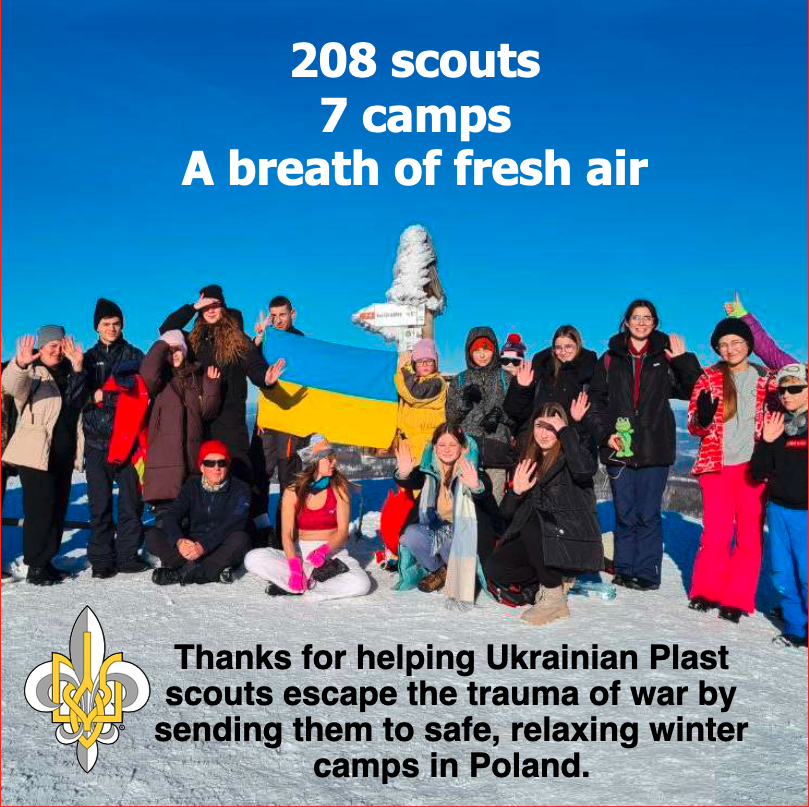plast_usa's tweet photo. We helped 208 Plast scouts from all over Ukraine attend winter camps in Poland. These camps provided a safe &amp; comfortable environment for the young scouts, allowing them to relax &amp; have fun, far away from the trauma of war. See https://t.co/WCir0FBqAA. #PlastUSA #ScoutsForUkraine https://t.co/VNWnGETZCl