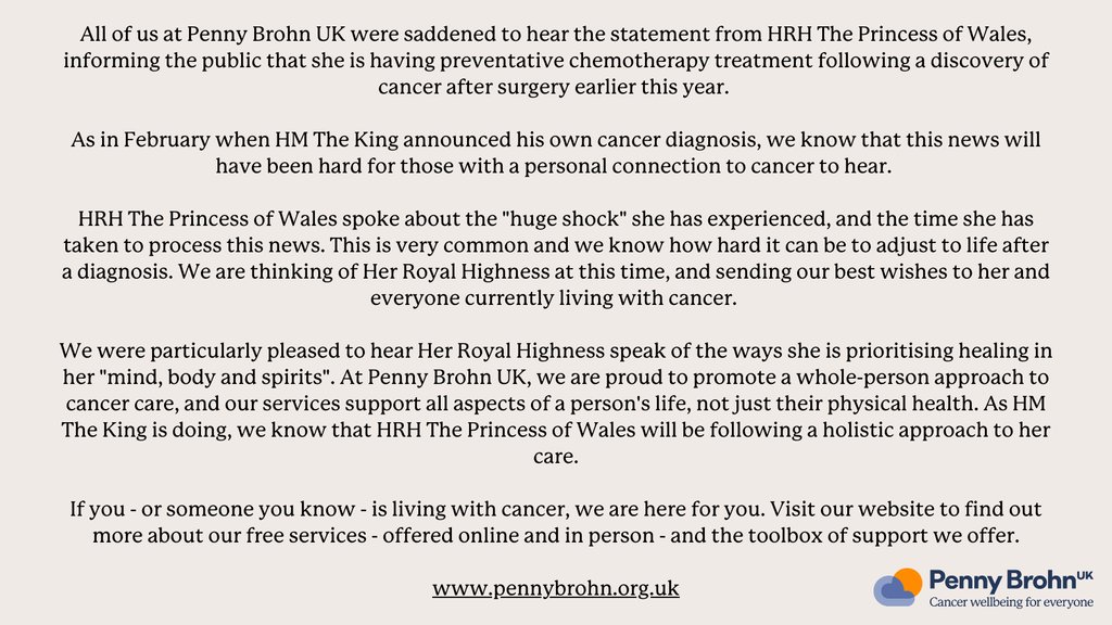 All of us at Penny Brohn UK were saddened to hear the statement from HRH The Princess of Wales, @KensingtonRoyal , informing the public that she is having preventative chemotherapy treatment following a discovery of cancer after surgery earlier this year. l8r.it/3iYm