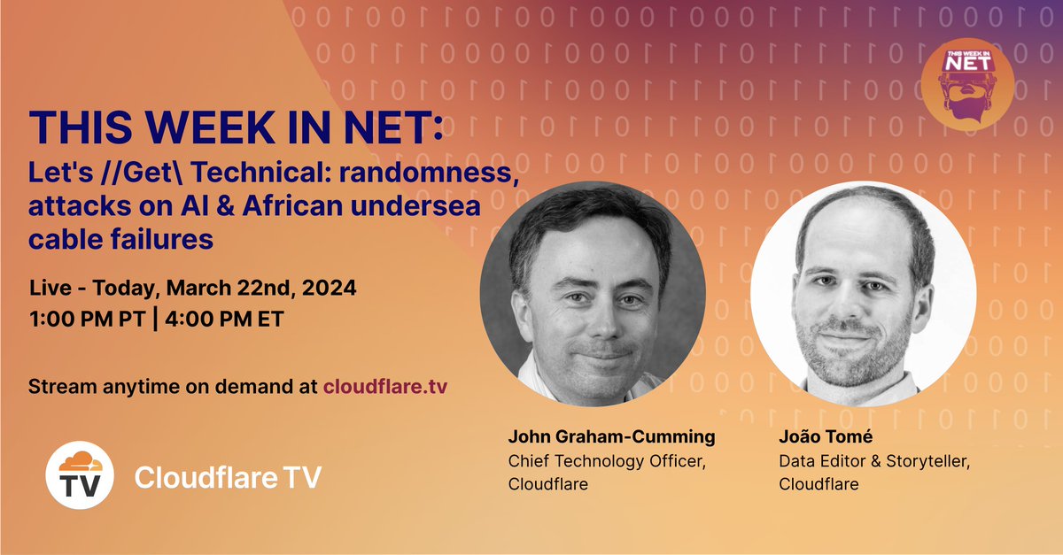 A brand new #ThisWeekInNET drops now. Watch Cloudflare CTO John Graham-Cumming (@6a6763) and João Tomé (@emot) as they get technical and talk about randomness, attacks on #AI and undersea cable failures in Africa. Join the conversation here → cloudflare.tv/shows/this-wee……