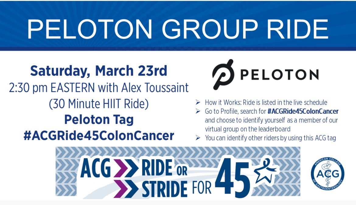 📣Happening tomorrow 3/23 !! @AmCollegeGastro @onepeloton 🚲 with @alextoussaint25 !! Join us for a 30 min ride at 230 PM!! Use #ACGRide45ColonCancer #RideOrStrideFor45 You can do this on any bike, just log into peloton app so you can join the community! #Coloncancerawarenes