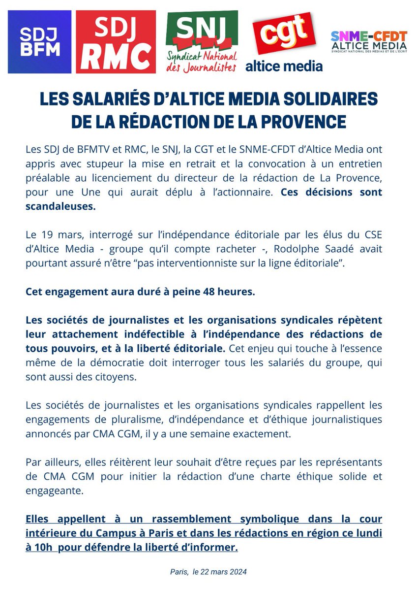 Avec <a href="/sdjbfmtv/">SDJ BFMTV</a>, <a href="/SNextradiotv/">SNJ NextRadioTV</a>, @CGT_AlticeMedia et <a href="/SnmeCfdtAltice/">SNME-CFDT RMC/BFM</a>, la <a href="/RmcSdj/">SDJ RMC</a> est solidaire de la rédaction de la Provence dont le directeur de la rédaction vient d'être mis à pied