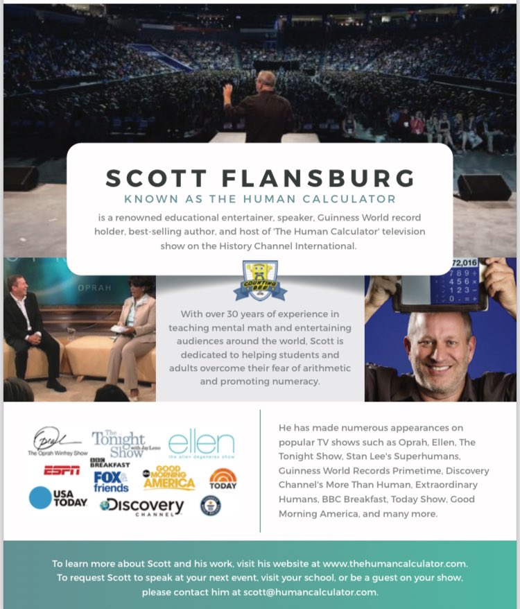 HumanCalculator's tweet image. #speaker #performer #corporateevents #keynote #guinnessworldrecordholder #bestsellingauthor #tvhost #numbers #mentalmath #fun #teachertraining #workshop #schoolvisits #edutainment #everydaymath #numbersense #numeracy #stem #steam #calendar #time #calculation #automaticity #maths