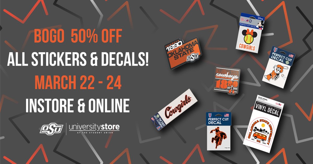 Why have 1 when you could have 2?! Buy One, Get One 50% off ALL stickers & decals! Offer valid March 22 - 24, in-store & online. 🔗 okla.st/43Ky9JT #okstate #gopokes