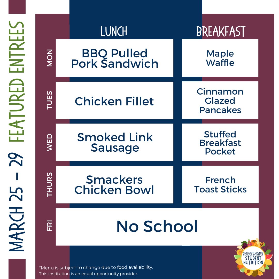 ColletonMeals's tweet photo. Dive into a week of culinary excellence with breakfast and lunch offerings that'll leave you craving more. Double the satisfaction, double the yum! 🍳🍕
*Menus are subject to change due to supply chain issues.
#Colletonsc #Colletonsouthcarolina #Colleton #scschools https://t.co/s0L7Kypb3I