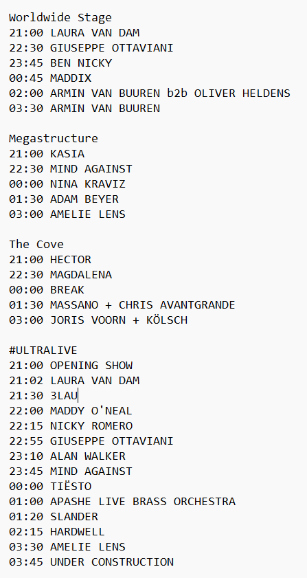 🇪🇸 HORARIOS EN ESPAÑA 🇪🇸 #ULTRALIVE #UMF 

-> General: youtube.com/watch?v=T0ZgE-…
-> Worldwide Stage: youtube.com/watch?v=bUl63P…
-> Megastructure: youtube.com/watch?v=VfuRjs…
-> The Cove: youtube.com/watch?v=7k5AjB…