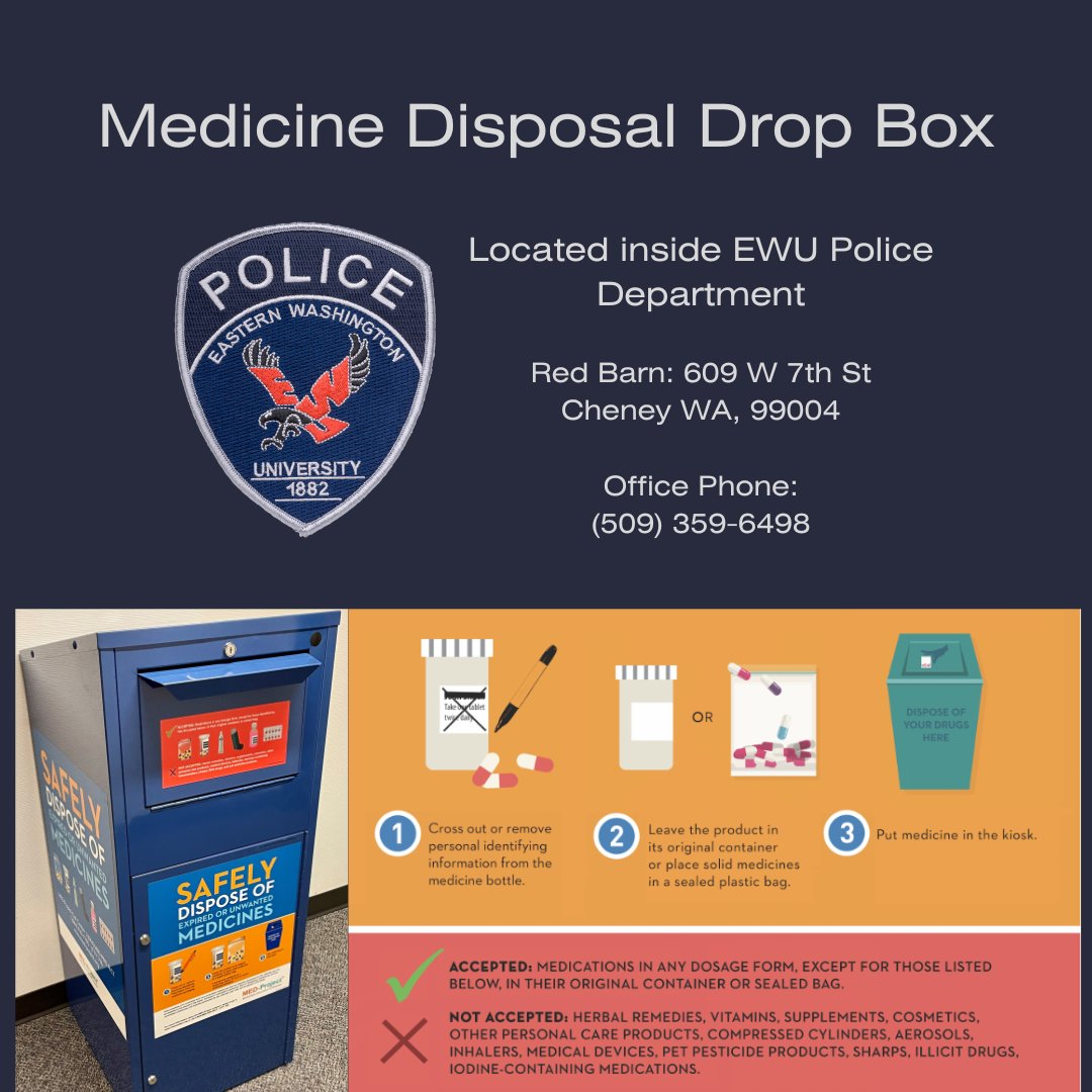 Spring cleaning? Come drop off expired or unwanted medication at the EWU Police Department ! To protect your privacy, patients are reminded to remove all personal information on medication labels before disposing. ❤️🦅
#ewu #ewuproud #easternwashingtonuniversity