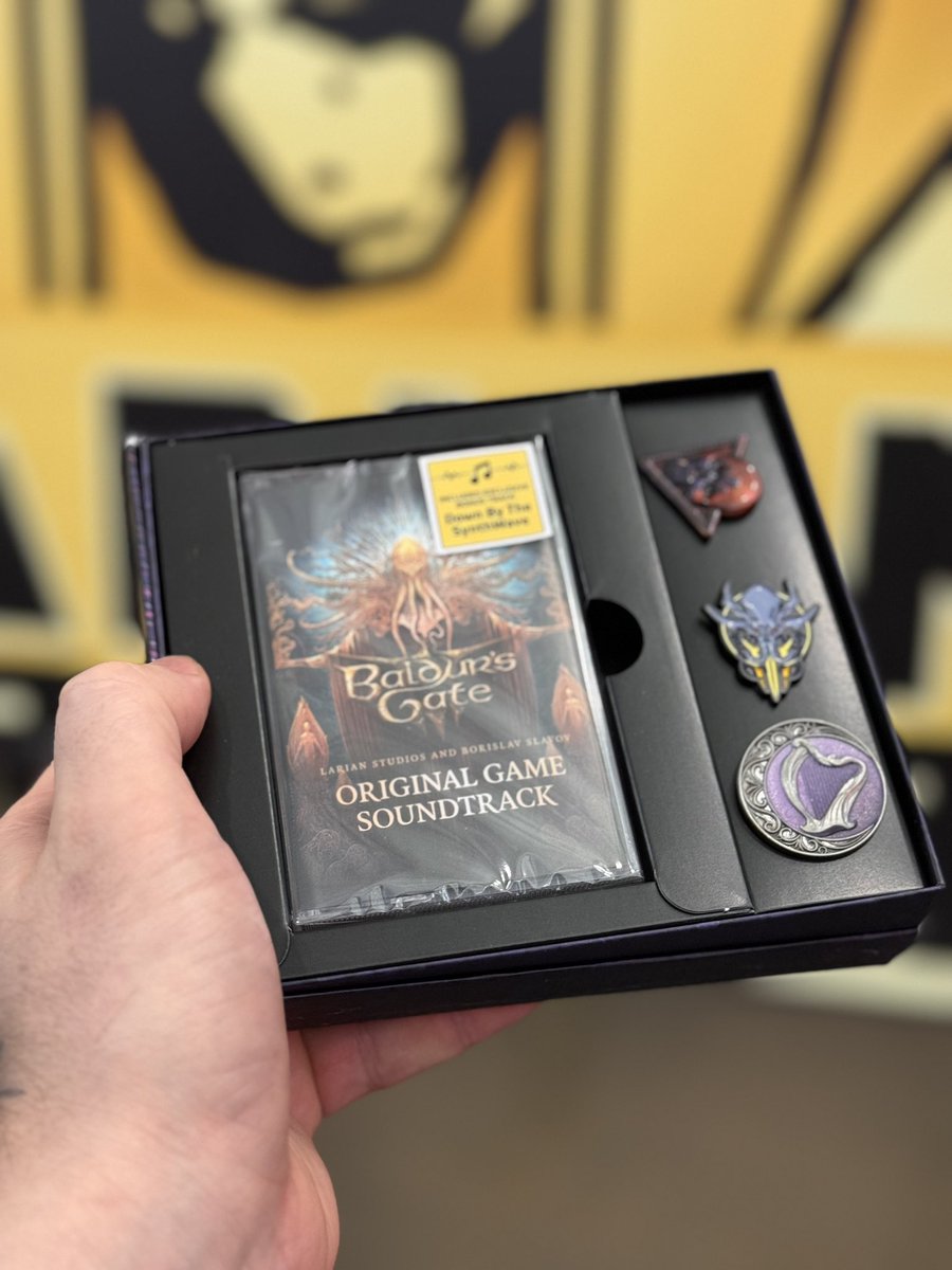 Cromwelp's tweet photo. This makes me happy. Arriving soon online, and available to buy here at PAX, the Baldur’s Gate 3 Original Soundtrack on cassette is the only way to listen to Bobby’s own Synthwave version of Down by the River. Hear it at the booth, once we find batteries. https://t.co/p1DxkagRtU