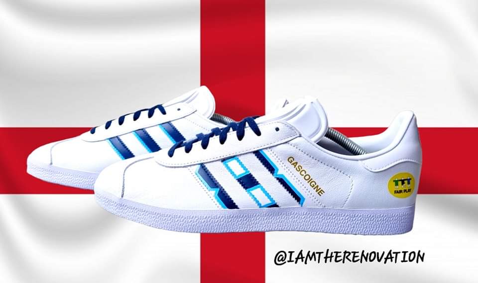 No 'playful updates' around here.... Gazza Euro 96 custom Gazelle Hand painted stripes custom insoles... Take me back! ⚽ Direct message for all custom enquiries and requests #iamtherenovation #euro96 #EURO2024 #englandkit #englandfootball #england #customtrainers #gazelle