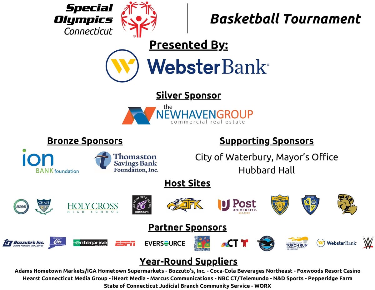 Our Annual Basketball Tournament/Individual Skills Competition Presented by @WebsterBank will take place tomorrow in Waterbury! There's sure to be plenty of excitement & fast-paced action on the courts with 400+ athletes participating! Thank you sponsors!soct.org