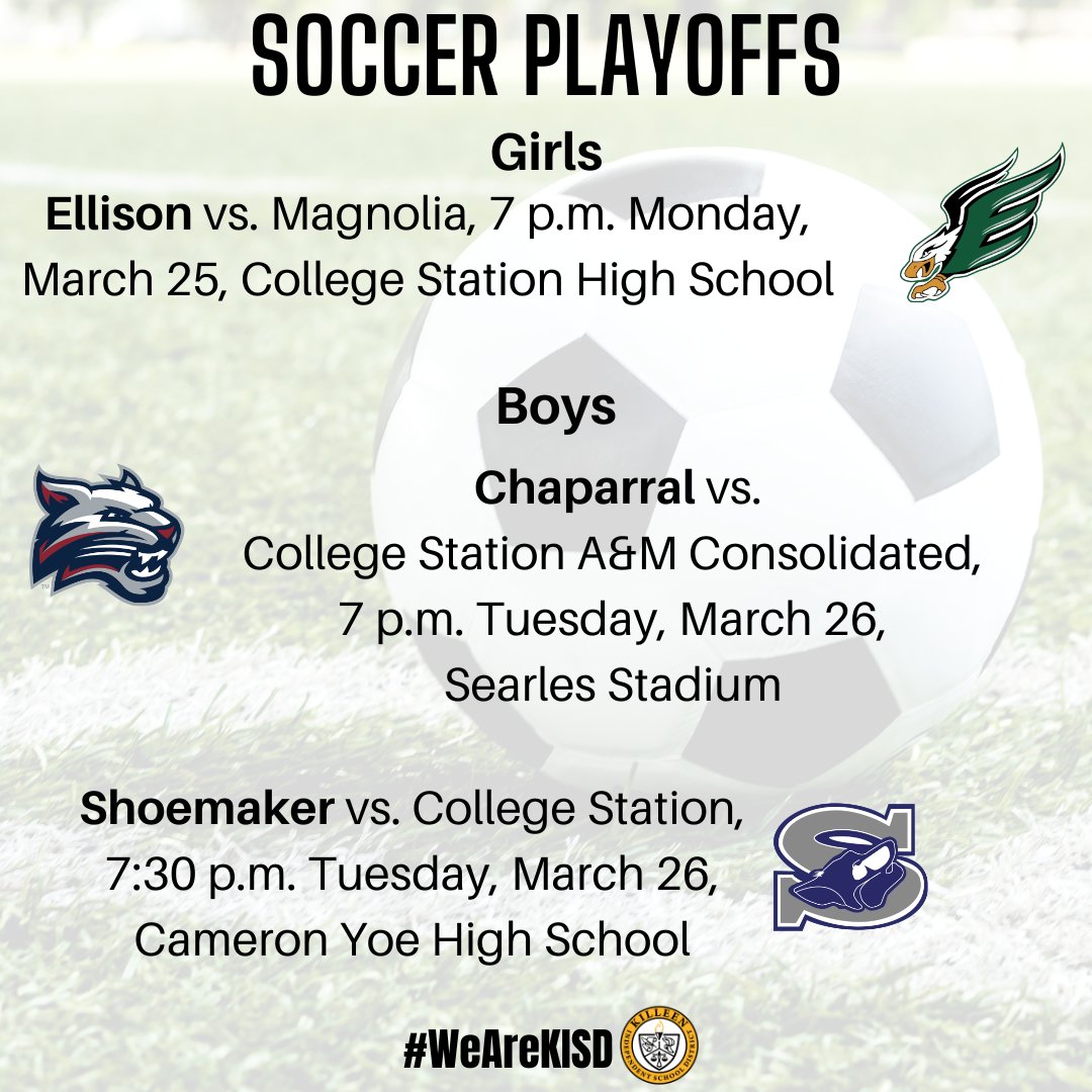 #WeAreKISD Three <a href="/KilleenISD_/">KISD Sports</a> soccer teams begin the playoffs next week. Read more about how the Ellison Lady Eagles, Shoemaker Grey Wolves and Chaparral Bobcats earned their postseason spots.
➡️tinyurl.com/3vjyuawc⚽️