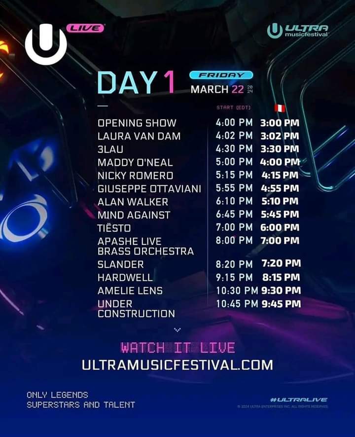 EDMPERUCOM's tweet image. 🇵🇪[HORA PERUANA] Set times del Mainstage de @ultra Miami 2024 DÍA 1. En minutos comienza.🙌🔥

🔴 Míralo EN VIVO👉 umf.tv

#ultra #ultra2024 #ultramiami2024 #ultramiami #ultramusicfestival2024