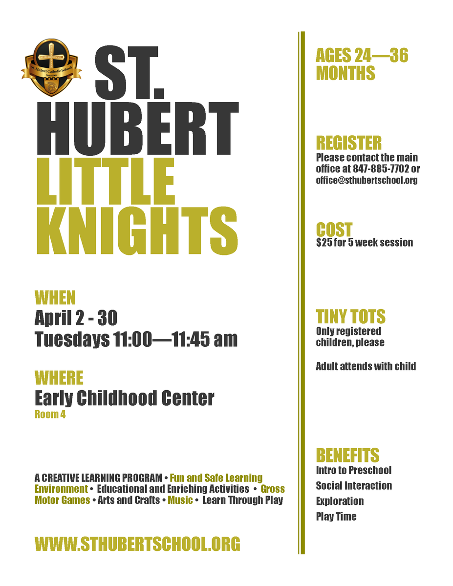 StHubertKnights's tweet photo. We're excited to announce this year's Little Knights program for 24–36-month-olds this April. This creative learning program offers an introduction to preschool, social interaction, exploration and play time. The cost is $25 and registration is required. 
https://t.co/gAZWaU3c6a https://t.co/Zd9XmHlpGz