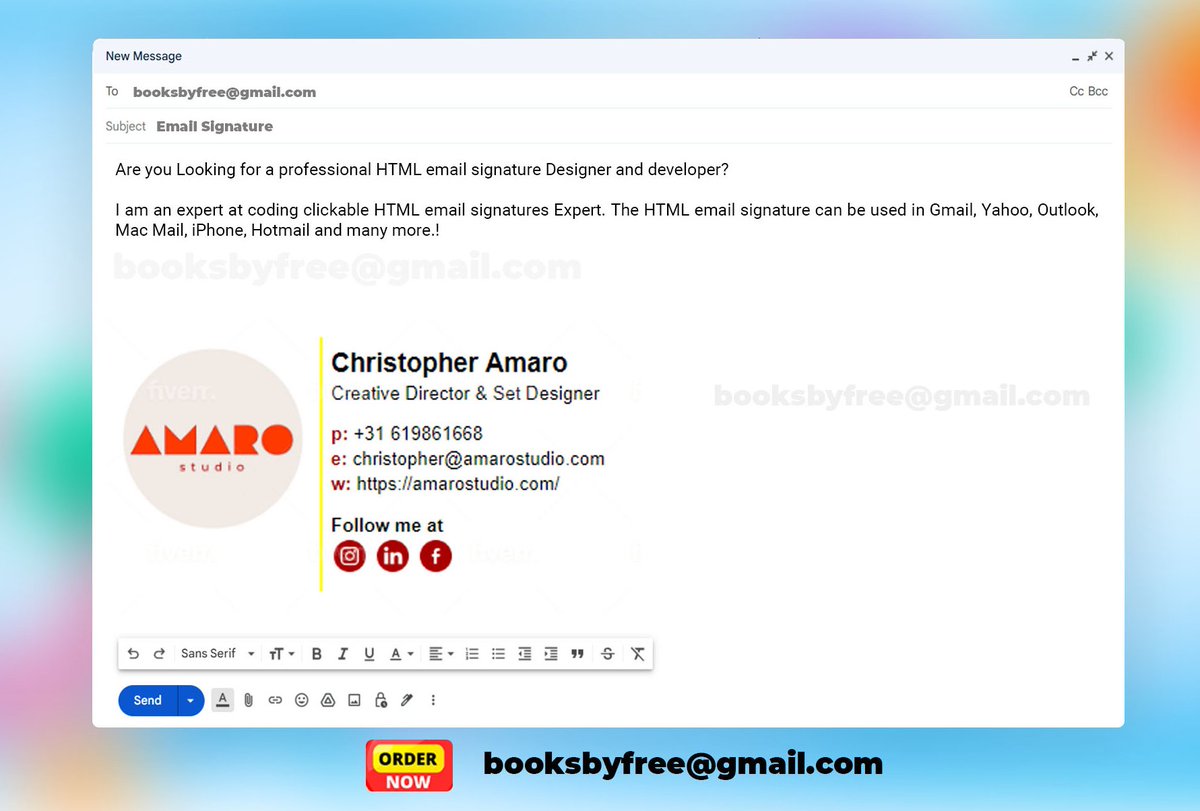 EmailSignature0's tweet image. Awesome Clickable HTML email signature design and Professional email signature #htmlsignature
#Clickablesignature
I&apos;ll Create custom, Professional email signature design. Therefore, you can easily add it to Gmail, Outlook, Apple Mail, Yahoo Mail, Webmail . #Outlookemailsignature