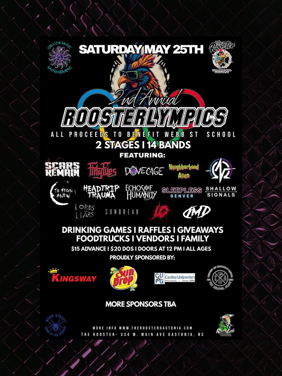 May 25th, we have the honor to be a part of  2nd Annual Roosterlympics  at the The Rooster in Gastonia NC with some killer bands!

Come out and support this great cause to raise money to help a school in need!🤘🔥

#numetal #ncmetal #TheRooster #GastoniaNC