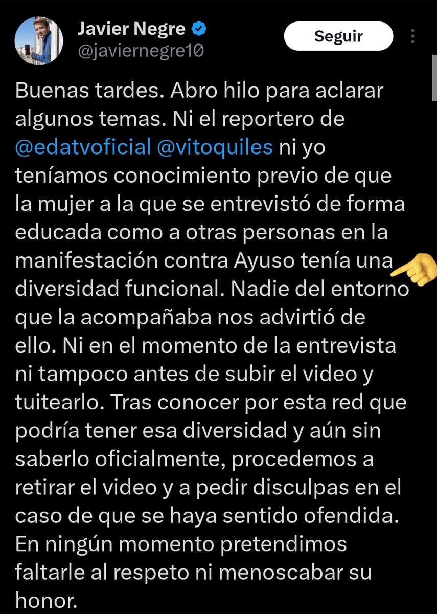 Pues @javiernegre10 se hizo 💩💩 y borró este tuit. Antes las posibles denuncias ha escrito un tuit en el que usa como excusa que 'nadie del entorno les advirtió' de que la chica tenía diversidad funcional. El condenas dando asco.