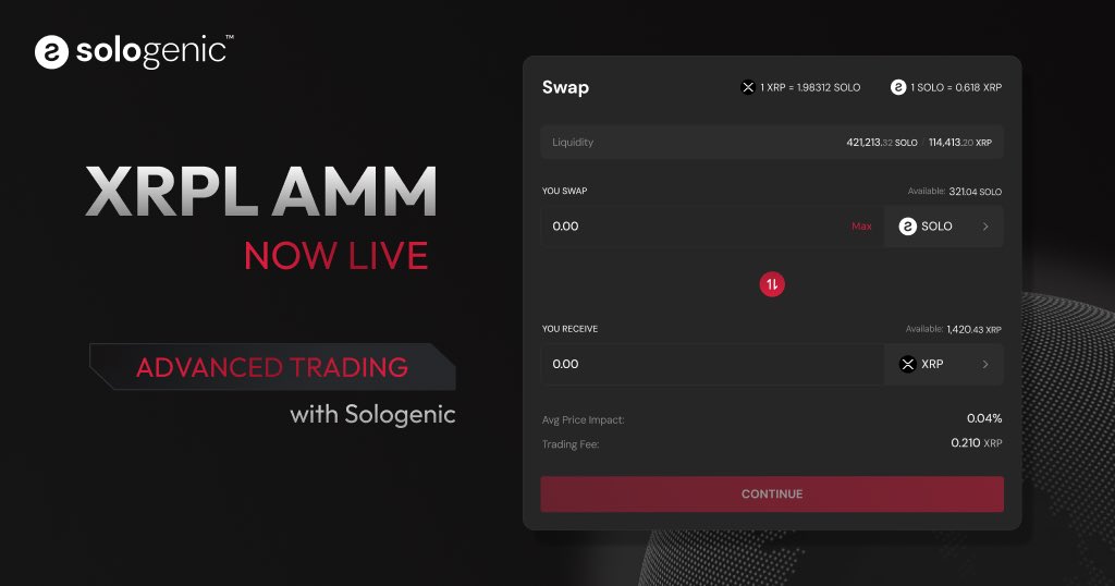 The #XRPL AMM is now live!

Enabling continuous trading for custom asset pairs, including upcoming tokenized RWAs and stablecoins like #USDC.

Radical power uplift for $XRP &amp; $SOLO holders via community-governed liquidity pools.

💻 sologenic.org/amm

#GoSOLO ❤️