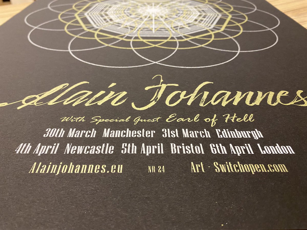 Switchopen's tweet image. All done n dusted. A productive day. The print gods were kind. The official UK tour poster for @alainjohannes @alainjohannestour Hand #screenprinted 3 colour. Edition of 100. A2 (594mm x 420mm) 
Available at the venues.  Have a good weekend ⚡️🙏🏻⚡️Salut 🍷 #alainjohannes #11