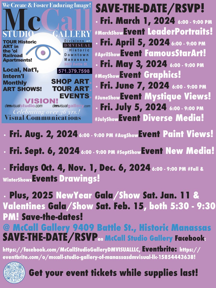 dmvisual's tweet image. #McCallStudioGallery #EventShows cont. #2024 list! Save-the-dates! #DMVISUALEventShowsAndGalas #OTM @VisitManassas 🙂 #Arts #LIVEMusic #Shop!
