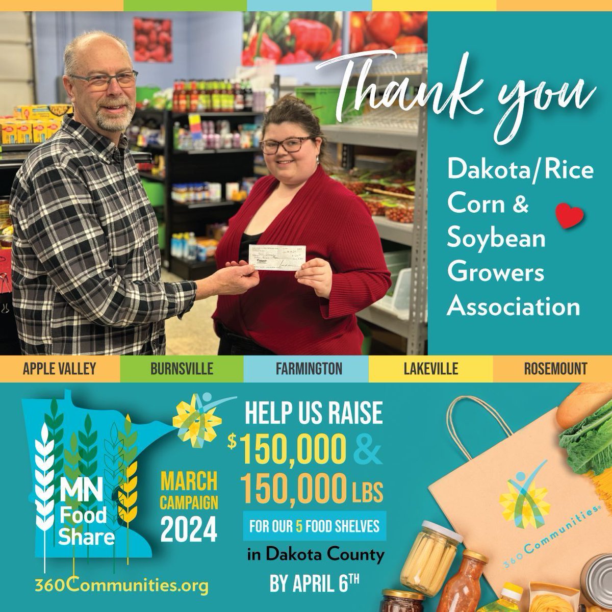 Thank you to Dakota/Rice Corn &amp; Soybean Growers Association for donating $500 to the <a href="/MNFoodShare/">Minnesota FoodShare</a> March Campaign! Our goal is to raise $150,000 and 150,000 pounds of food by April 6th. Can you help? ❤️ Click to donate: buff.ly/4ctkgDQ 

#HelpInTheMoment #HopeForTheFuture