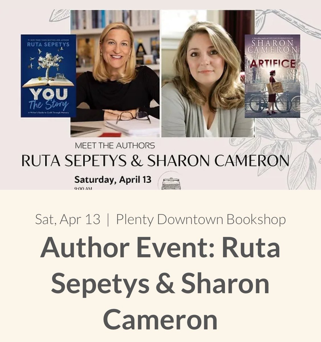 Cookeville, TN area friends! Ruta Sepetys and I will be at Plenty Downtown Bookshop on Saturday, April 13, 9-10 AM. Hope to see you there! Get your free ticket here: plentybookshop.com/event-details-… @RutaSepetys #PlentyBookshop