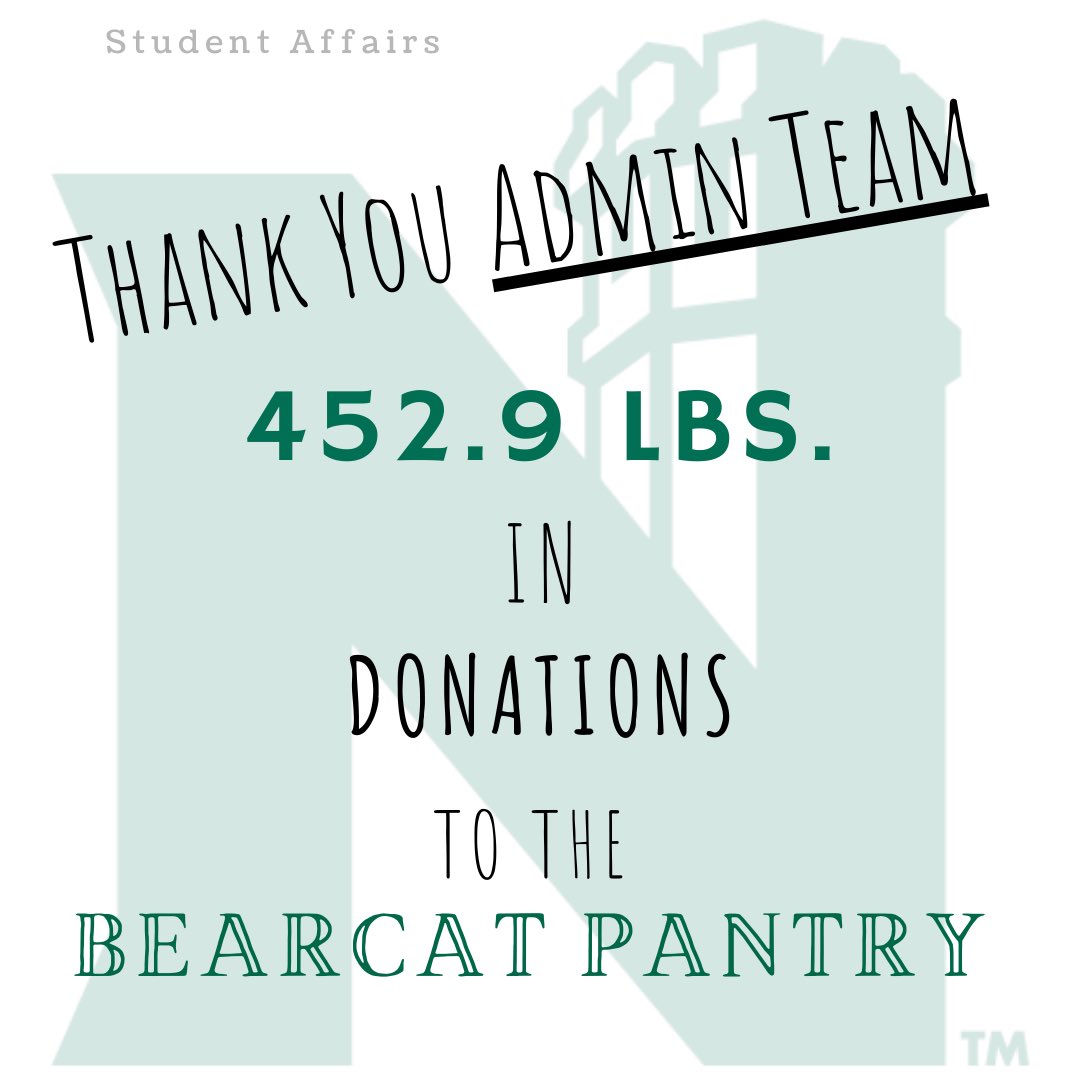 THANK YOU to the departments in the Administration Building that together donated 452.9 lbs of food to the Bearcat Food Pantry. Wow! 🤩