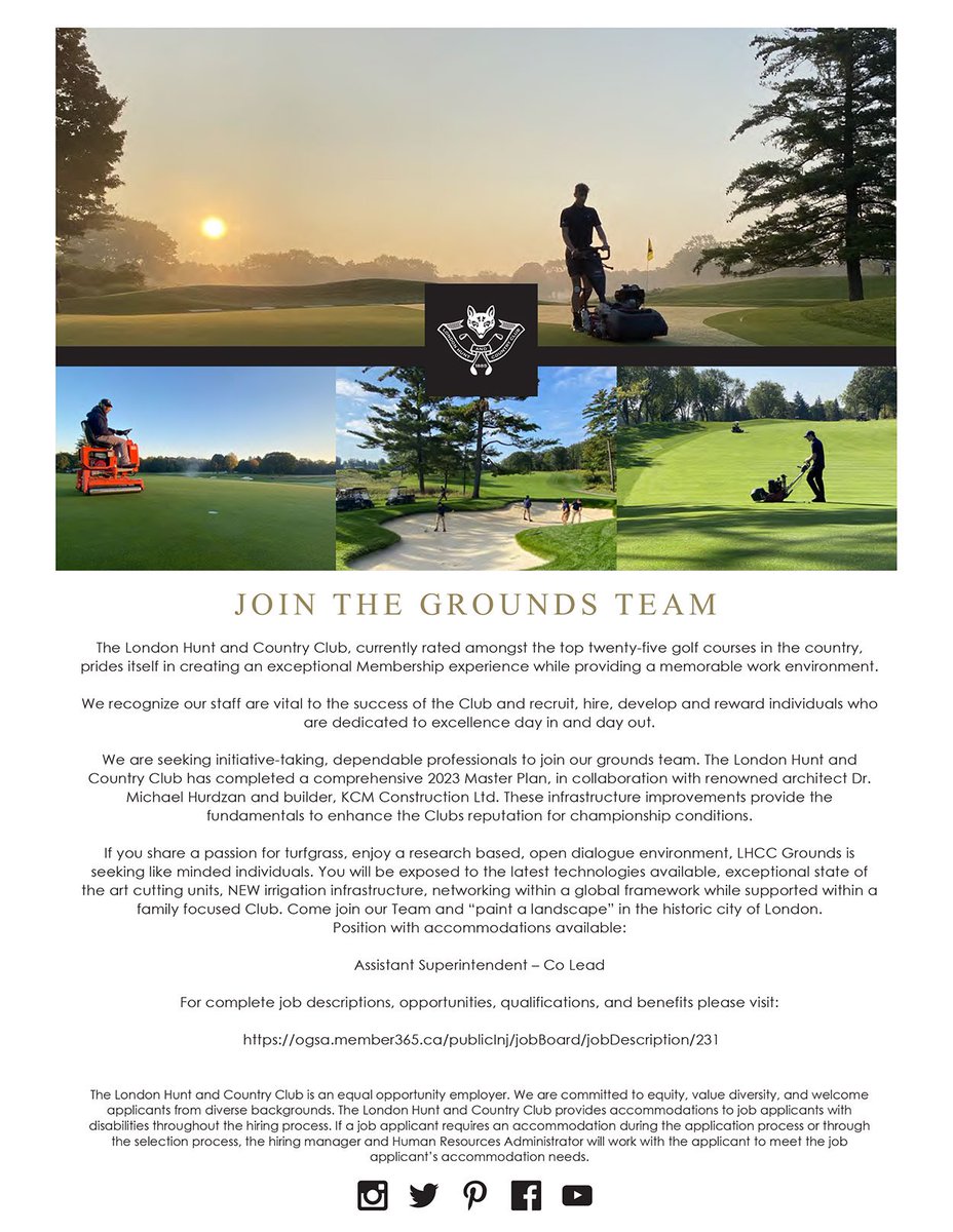 Join The Grounds Team…if you share a passion for turfgrass, enjoy research based, open dialogue, LHCC is seeking like minded individuals…Exposure to new technologies, equipment & infrastructure, while growing within a family focused Club environment. ogsa.member365.ca/publicInj/jobB…