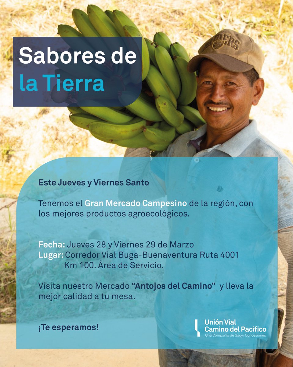 CaminoPacifico's tweet photo. El Jueves y Viernes Santo, la Unión Vial Camino del Pacífico te invita a disfrutar de los mejores productos de la región. Nuestro Mercado Campesino llevará los mejores productos del Corredor Vial Buga-Buenaventura a tu mesa. Te esperamos en nuestra Área de Servicio en el PR. 100. https://t.co/2mryih3eW0