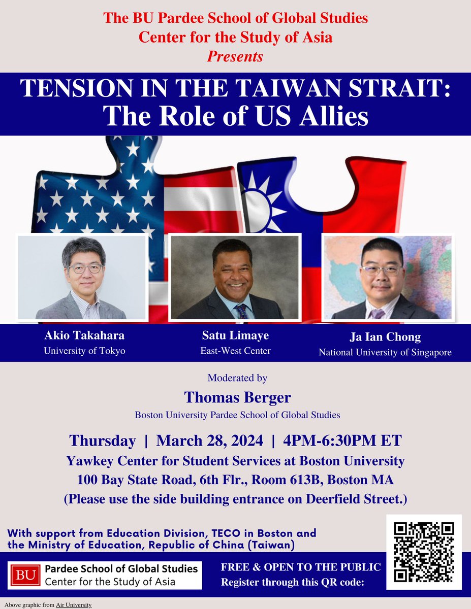 Will you be in #Boston next week? Join EWC in Washington Director Dr. Satu Limaye, Ja Ian Chong, and Akio Takahara for a panel entitled 'Tension in the Taiwan Strait: The Role of US Allies': bit.ly/48Z2Ony