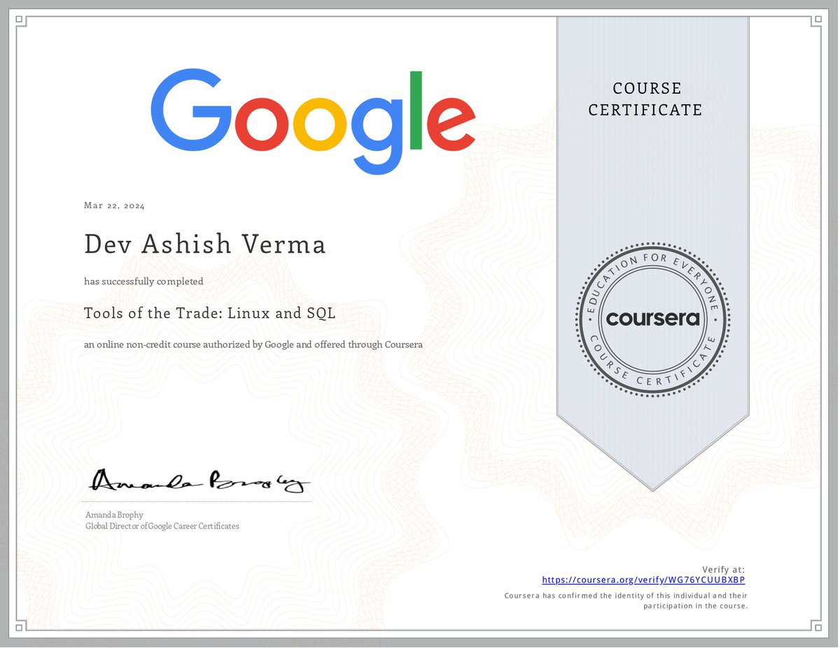 Excited to announce completion of 'Tool of The Trade - Linux & SQL' course as part of the Grow with Google - Cybersecurity program! 🖥️
Mastering Linux and SQL brings me closer to cybersecurity expertise. Thanks @Google and @Coursera!
#CyberSecurity  #GrowWithGoogle #Linux #SQL 🚀