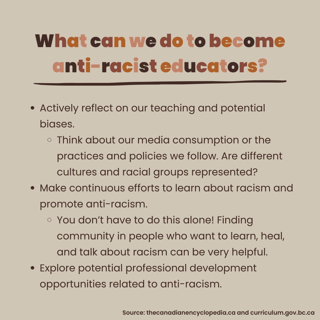 To learn more about how to integrate an anti-racism lens within your teaching practices, check out this wonderful guide created by the Ministry of Education and Child Care in British Columbia: curriculum.gov.bc.ca/sites/curricul…