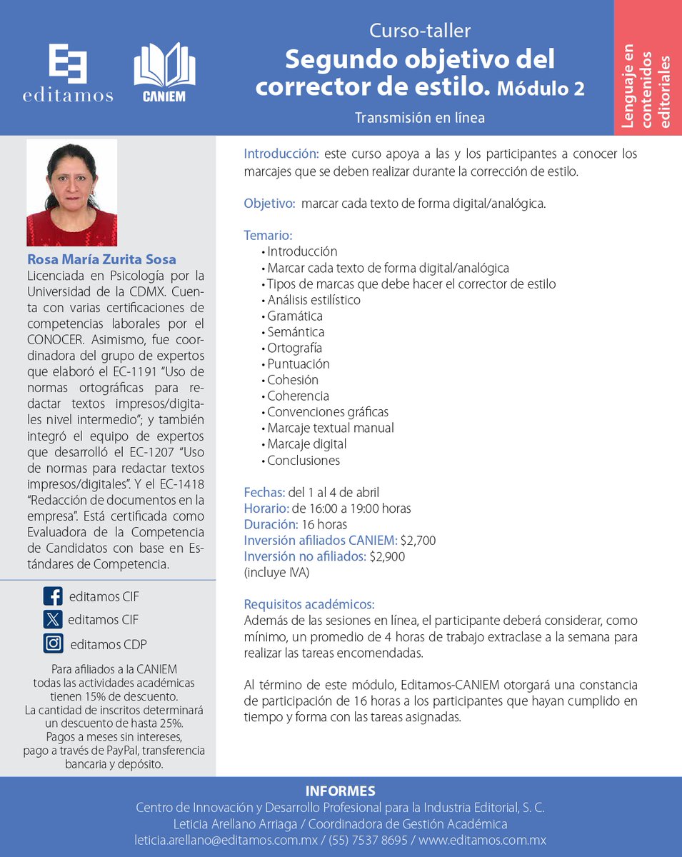 📚Únete al Módulo 2 del Curso-Taller "Segundo Objetivo del Corrector de Estilo"  Del 1 al 4 de abril, prepárate para llevar tus habilidades de corrección de estilo al siguiente nivel.  ¡Reserva tu lugar ahora y asegura tu participación en esta experiencia formativa única!