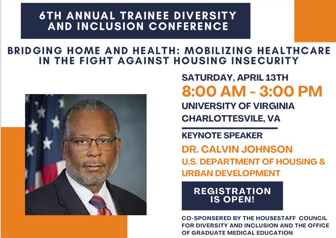 Registration is open for the 6th Annual Trainee Diversity and Inclusion Conference! We’re tackling the impact of housing insecurity on health outcomes. We’ve got a stellar line up of MDs, JDs, MSWs, PhDs, community partners & more! @UVaGMEO @MedicineUVA @uvahealthnews @HUDgov