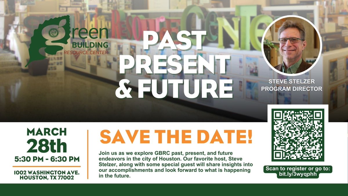 HoustonGBRC's tweet image. Join us as we explore @HoustonGBRC past, present, and future endeavors in the City of Houston with our favorite host, Steve Stelzer. Scan to register or go to: bit.ly/3wyqphh #pastpresentfuture #houpublicworks #water #sustainability #cityofhouston #houstonGBRC