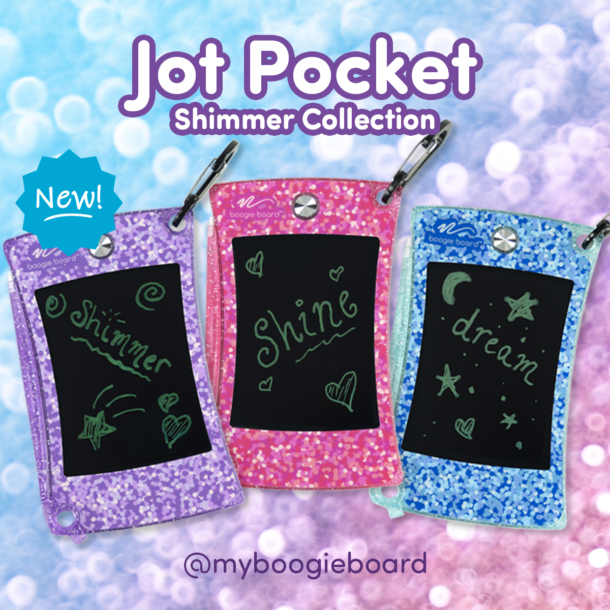 New Product Alert!💎Our Jot Pocket Shimmer Collection is now on myboogieboard.com. In 3 glimmering hues, these mini writing tablets have a carabiner clip so they can attach to backpacks &amp; bags for on-the-go doodles &amp; notes. Perfect for tweens, teens, and sparkle lovers!