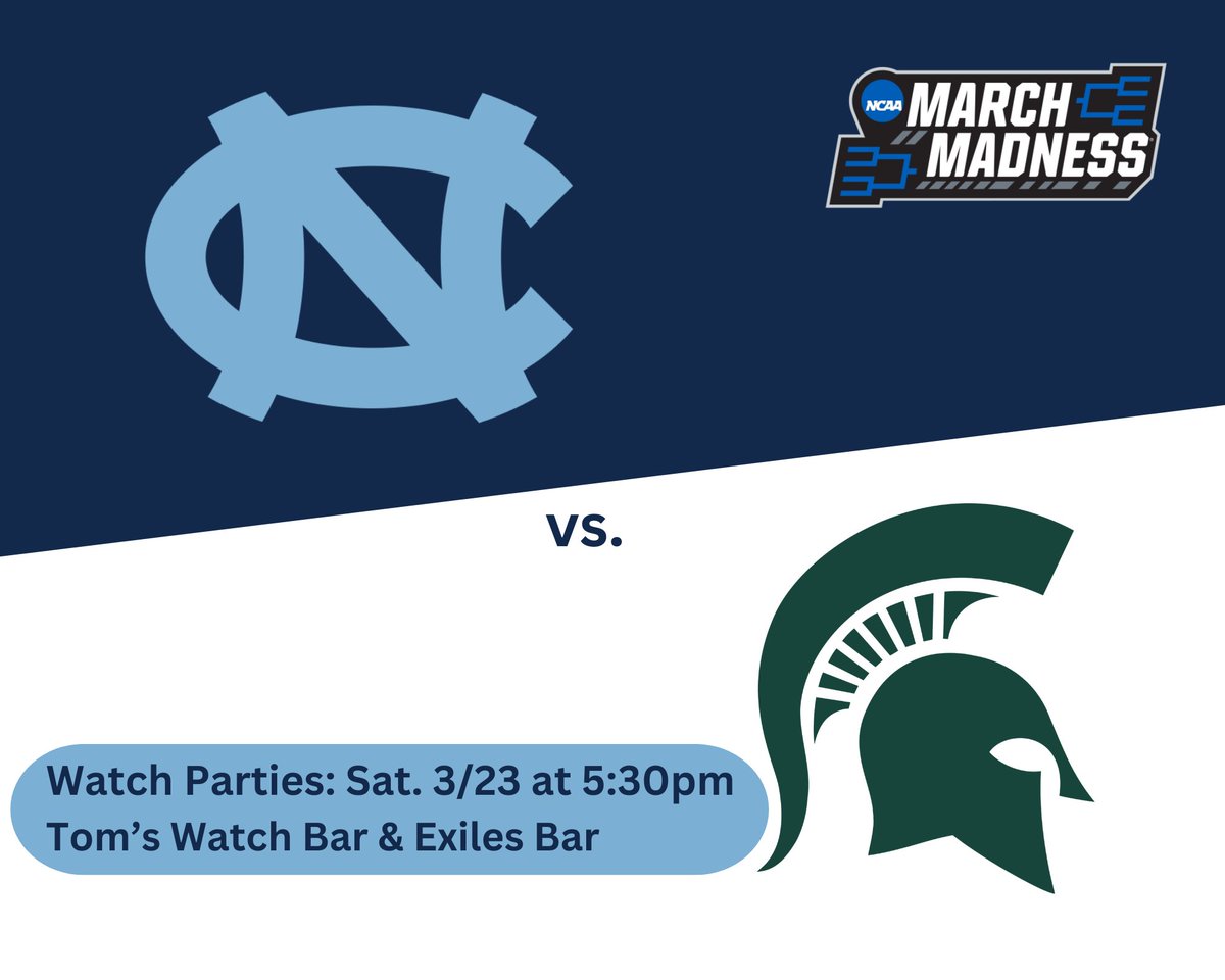 Come out to support the Tar Heels as they take on Michigan St. in the second round of the NCAA tourney at watch parties on Saturday at 5:30pm at Tom's Watch Bar (Navy Yard) and Exiles Bar (U St). Go Heels!