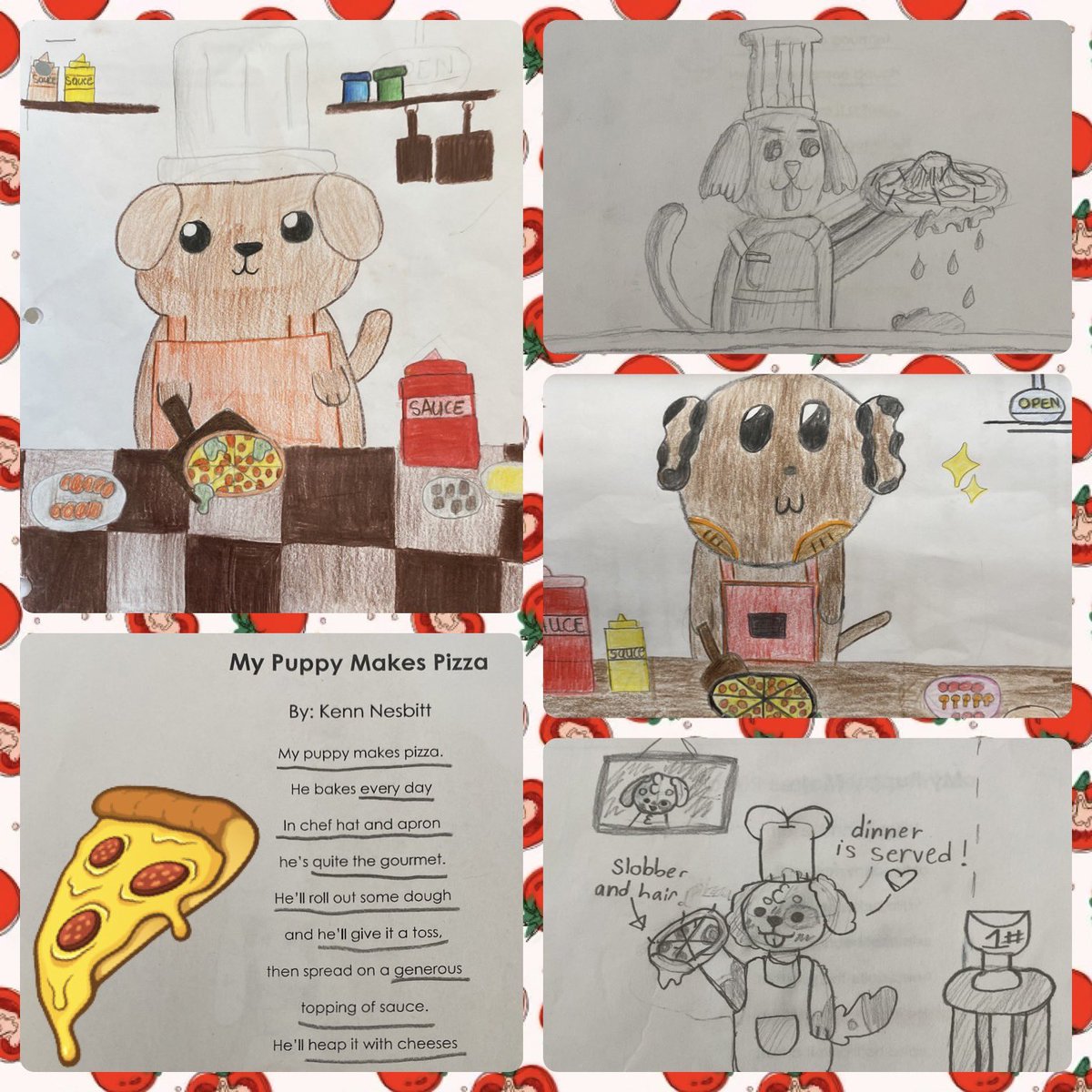 “My puppy makes pizza / He bakes every day / In chef hat and apron / He’s quite the gourmet” (My Puppy Makes Pizza by Kenn Nesbitt). A fun visualization activity as part of our poetry unit @LeMarchantElem. 🐶🍕