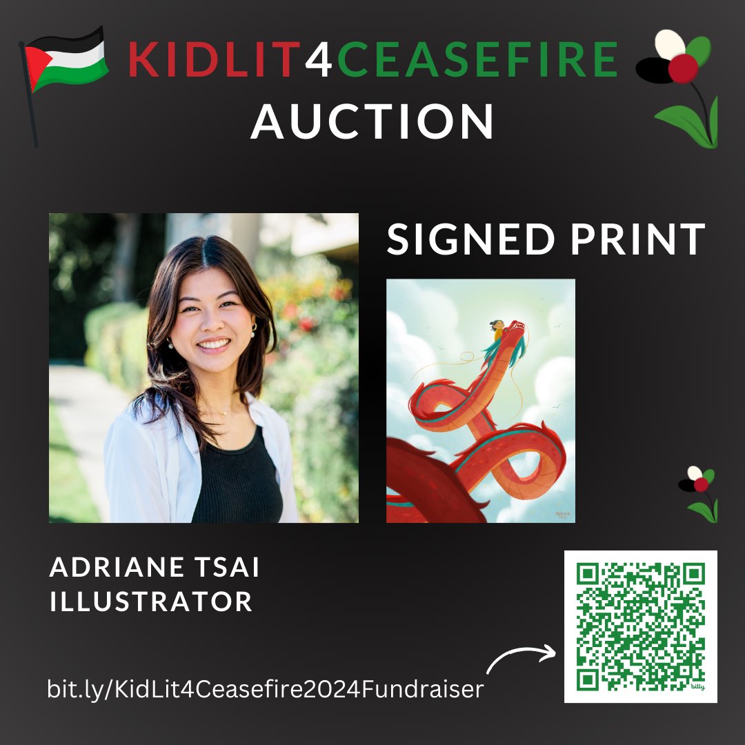 I donated a signed illustration to the #kidlit4ceasefire fundraiser! Over 200 items will be available to bid on from March 25th through April 10th. All proceeds will go toward helping people in Gaza, Sudan, and Congo. See the fundraiser at the link or QR code!