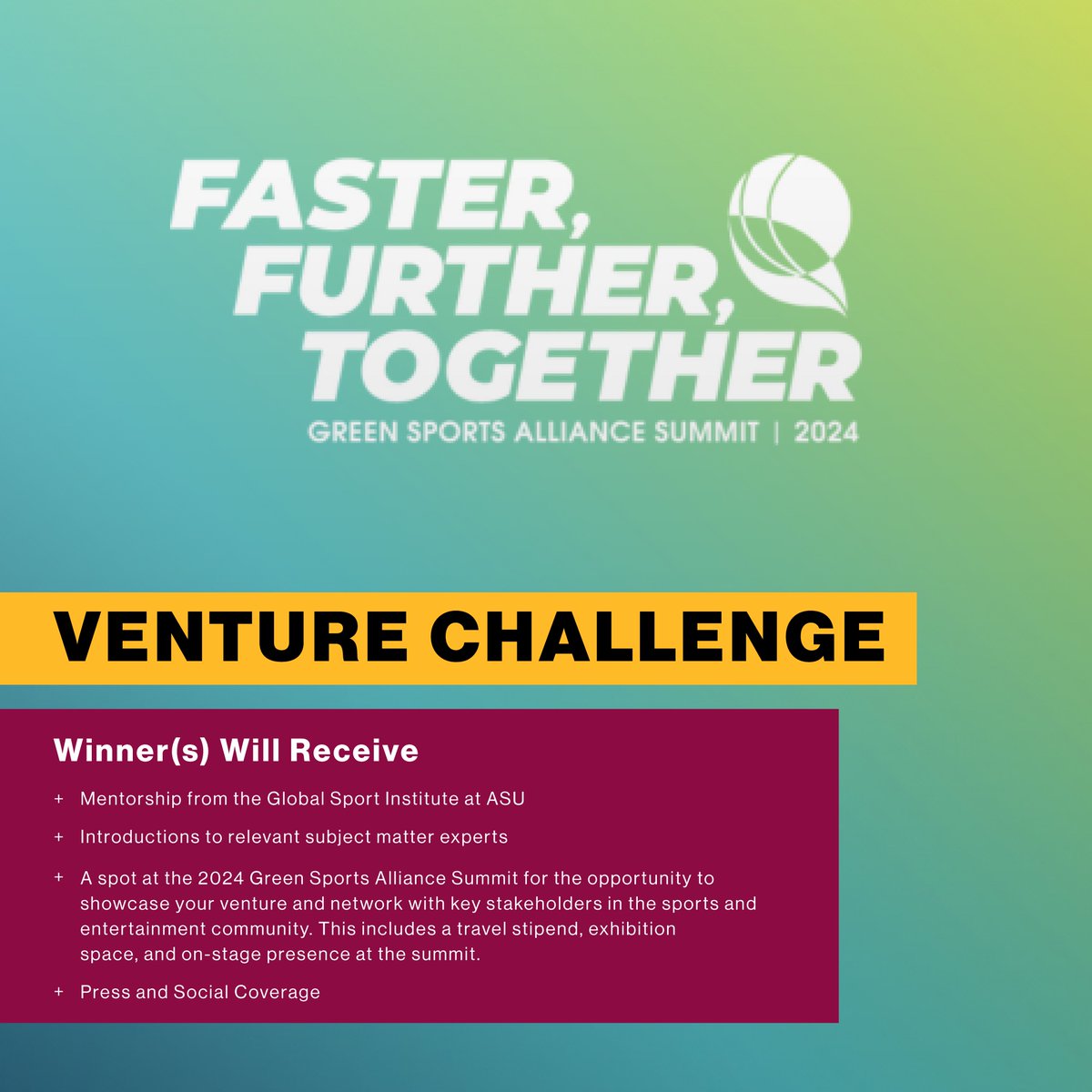 Global Sport Inst. (@globalsportasu) on Twitter photo There is still time left to apply! Application deadline is now March 31, 2024!! Join us at the Sport + Sustainability Venture Challenge by GSI and <a href="/sportsalliance/">Green Sports Alliance</a> .
Apply now for a chance to win mentorship, a paid trip to the GSA Summit, and more! f6s.com/sport-sustaina… There is still time left to apply! Application deadline is now March 31, 2024!! Join us at the Sport + Sustainability Venture Challenge by GSI and <a href="/sportsalliance/">Green Sports Alliance</a> .
Apply now for a chance to win mentorship, a paid trip to the GSA Summit, and more! f6s.com/sport-sustaina…